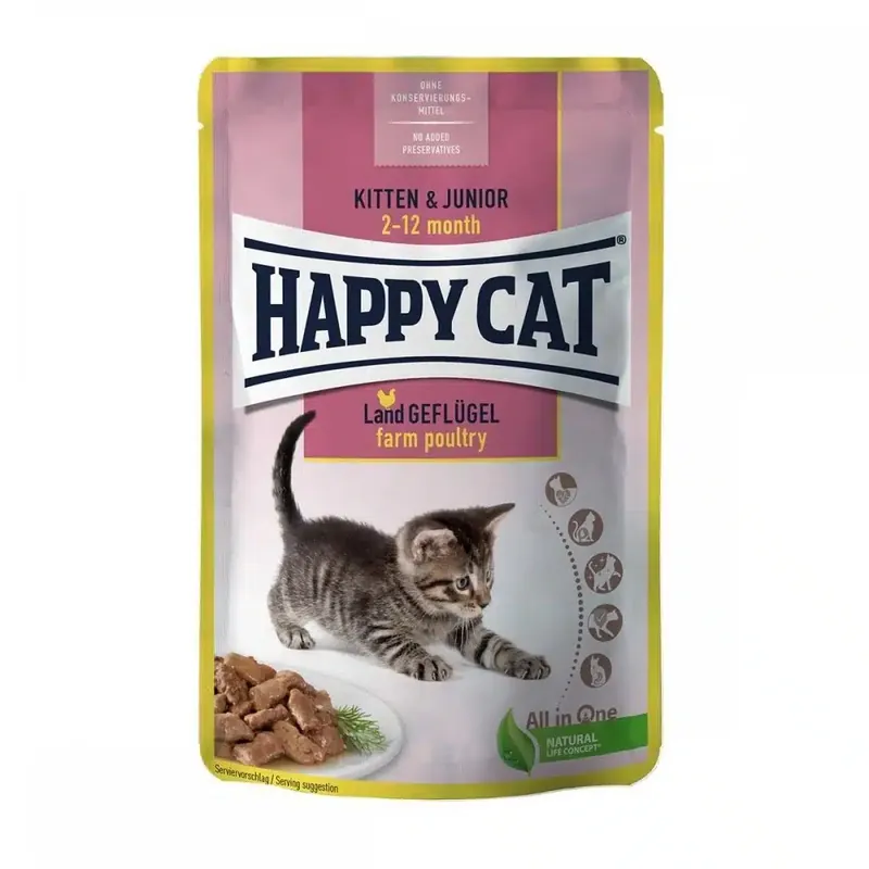 Fabrikspris - Happy Cat Kitten & Junior Farm Poultry 85 g