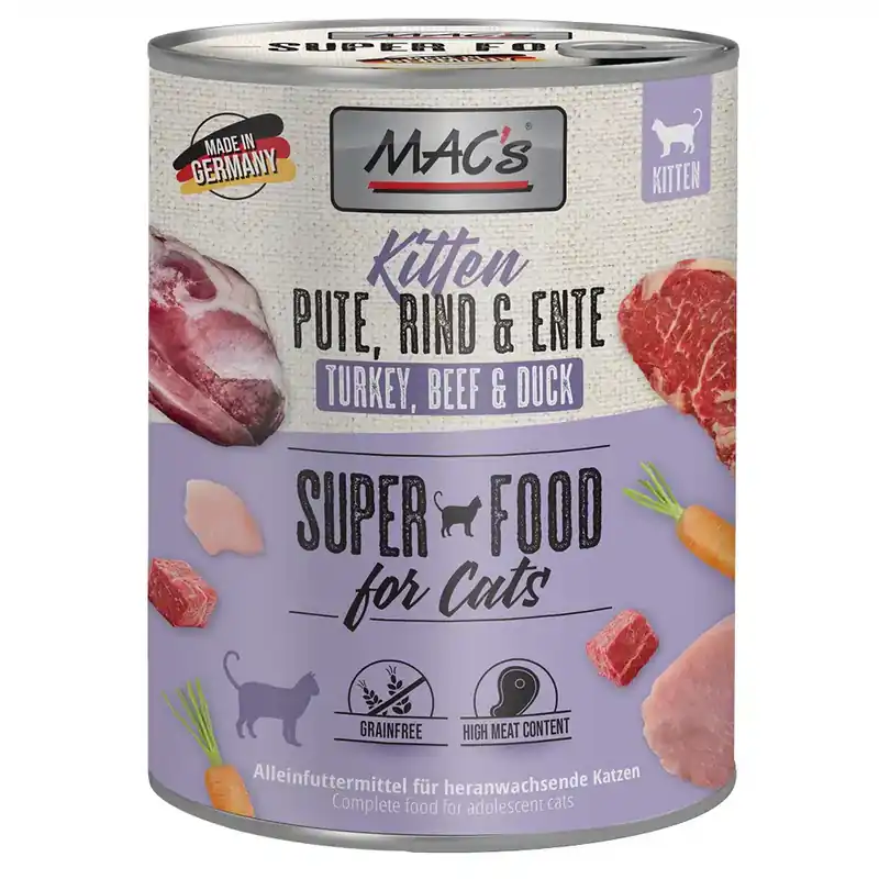 Tillverkarpris - MAC’s Cat kattfoder 6 x 800 g – Kitten Kalkon, nötkött & anka