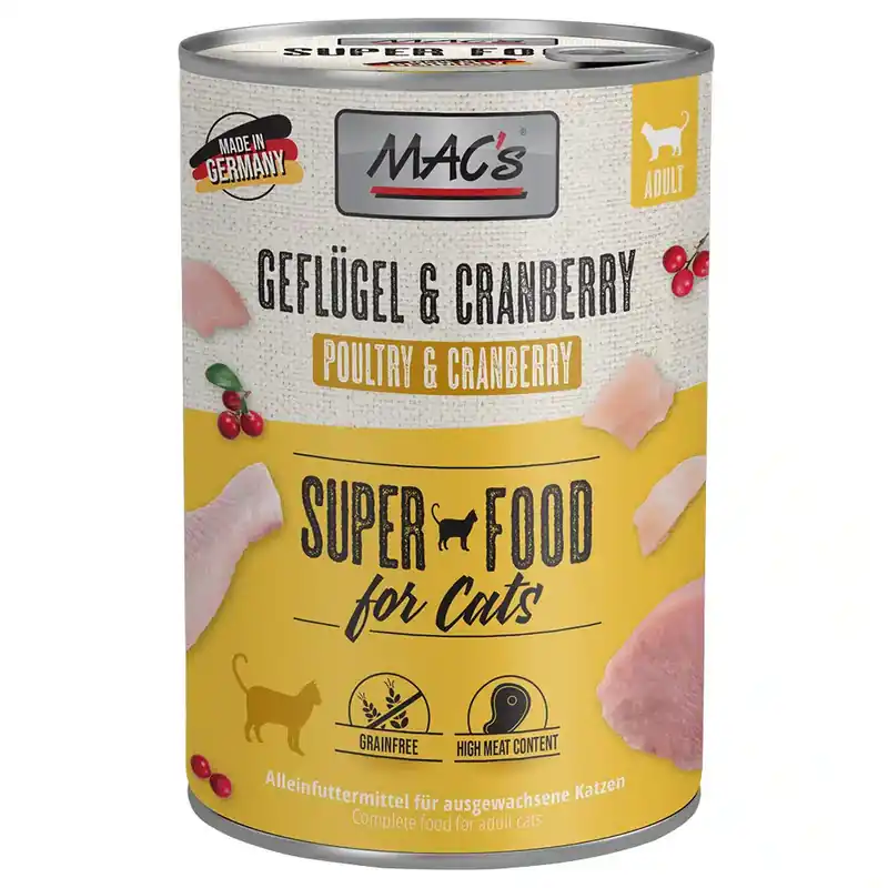 Trygg betalning - MAC’s Cat kattfoder 6 x 400 g – Fjäderfä & tranbär